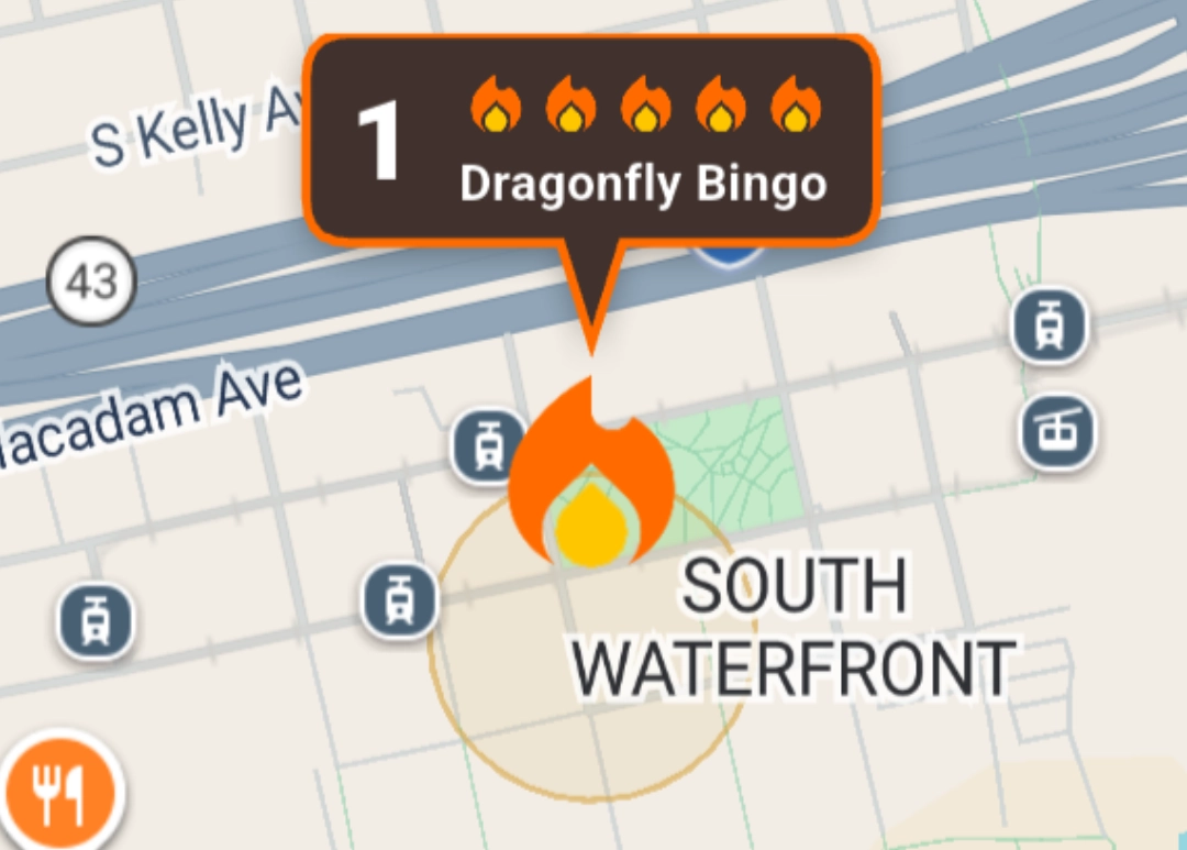 ScratchIt Hunter map pin showing Dragonfly Bingo scratch ticket location with 5-flame hot score rating