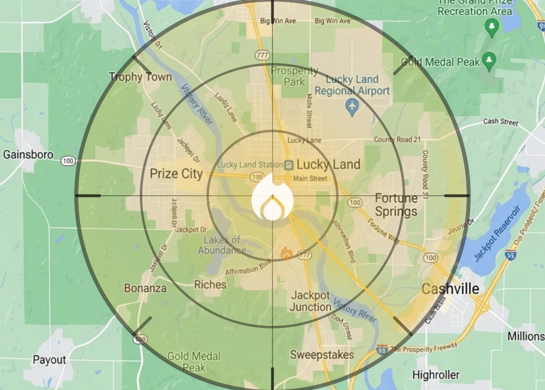 Close-up map view of ScratchIt Hunter's search radius rings centered on a starting location