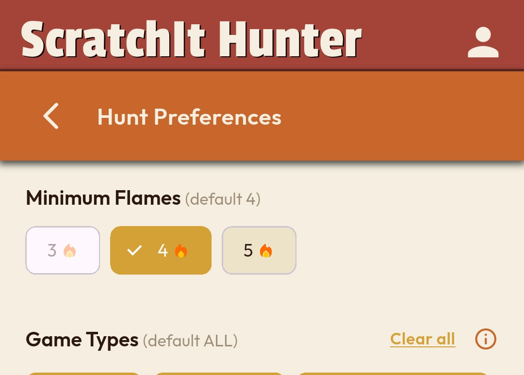 ScratchIt Hunter Hunt Preferences screen showing Minimum Flames setting to filter scratch tickets by hot score